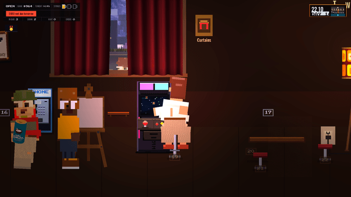 Pixel-art patrons spend a night at the dive bar’s arcade machines.