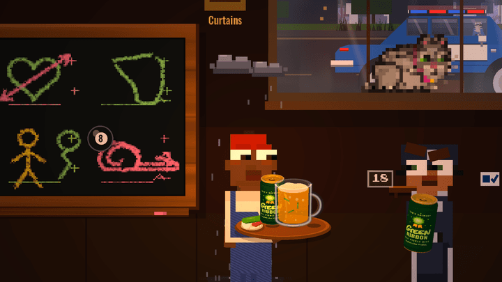 A patron holds a tray of drinks and snacks under a personal rain cloud, with a cat and police officer at the window.