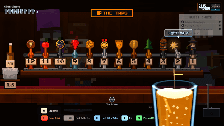 First-person gameplay at the bar’s twelve taps, pouring a light lager into a glass.