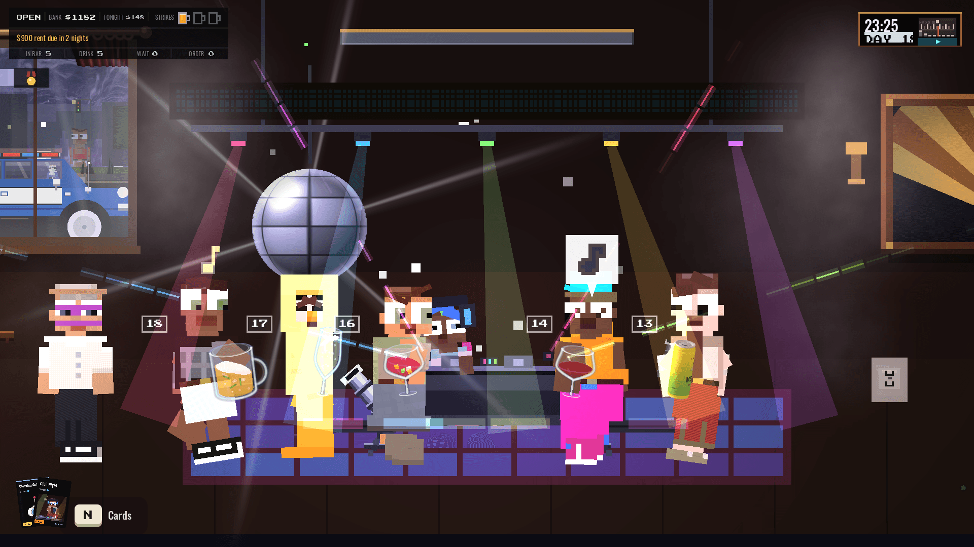 Gameplay in the family dive bar, with the bartender and a colourful crowd dancing beneath the lights.